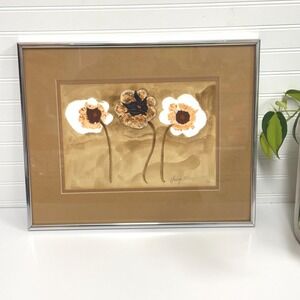 Vintage Framed Mixed Media painting 15" x 12"- White and brown flowers 1977